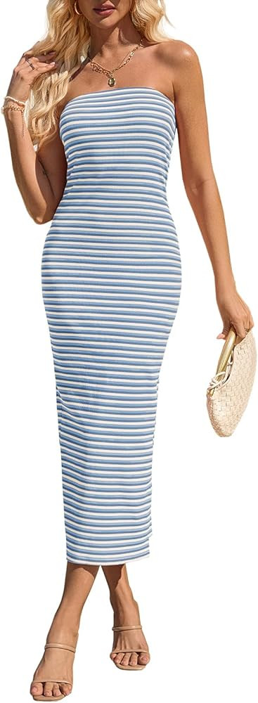 Wenrine Womens Summer Striped Tube Dress Strapless Ribbed Bodycon Casual Going Out Party Long Max... | Amazon (US)