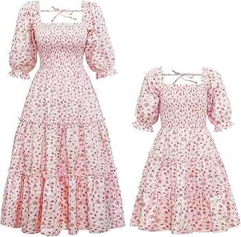 Mommy and Me Matching Dresses Floral Printed Ruffled Lantern Sleeves A-Line Long Dress Mom Daught... | Amazon (US)