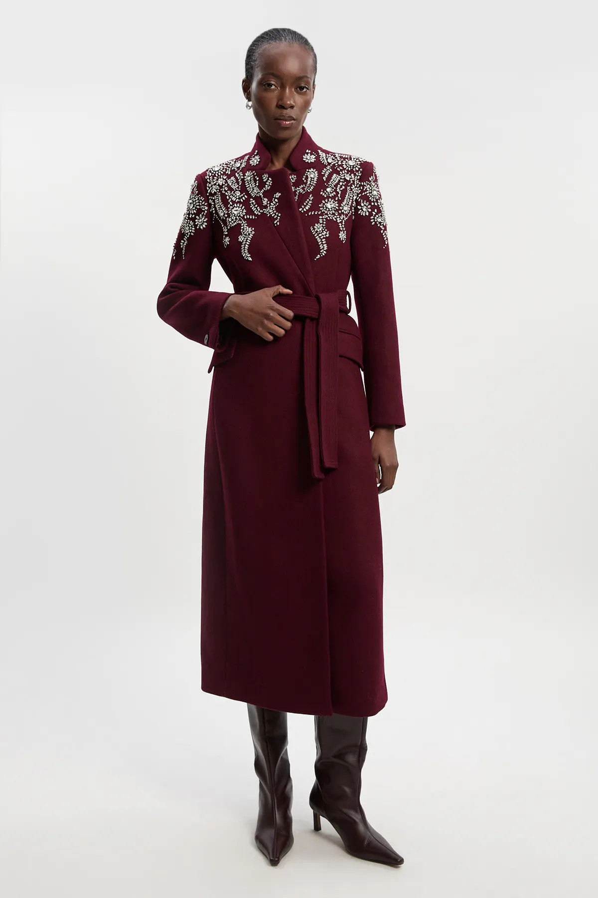 Wool Blend Crystal Embellished Notch Neck Belted Maxi Coat | Karen Millen US