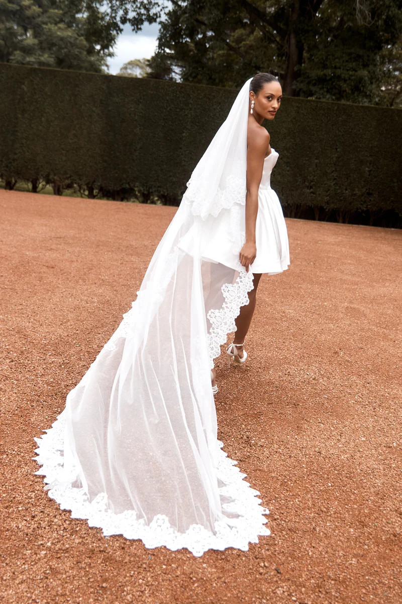 Paulette Lace Trim Veil - White | MESHKI US