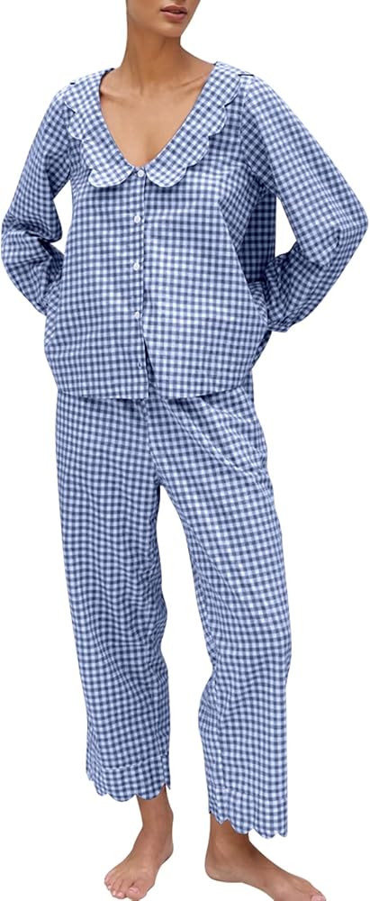 Kissonic Womens Gingham Pajama Set 2 Piece Scalloped Edge Plaid Babydoll Pjs Long Sleeve Cotton S... | Amazon (US)