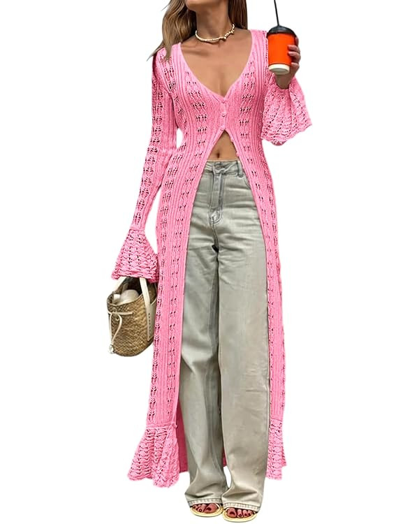 Saodimallsu Womens Crochet Long Cardigans Duster Button Up Bell Long Sleeve Ruffle 2026 Summer Bo... | Amazon (US)