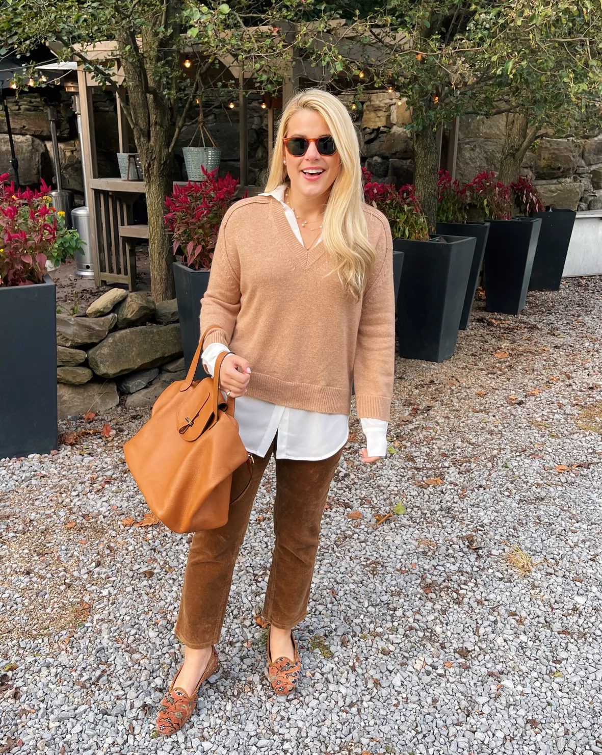 Women's V-neck Layered Pullover Sweater in Camel with White