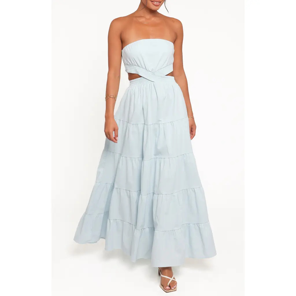 Petal & Pup Cadence Cutout Strapless Tiered Cotton Maxi Dress in Blue at Nordstrom, Size Large | Nordstrom
