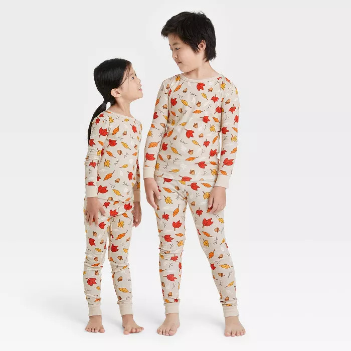 Kids' Fall Leaf Print Matching Family Pajama Set - Oatmeal 8 | Target