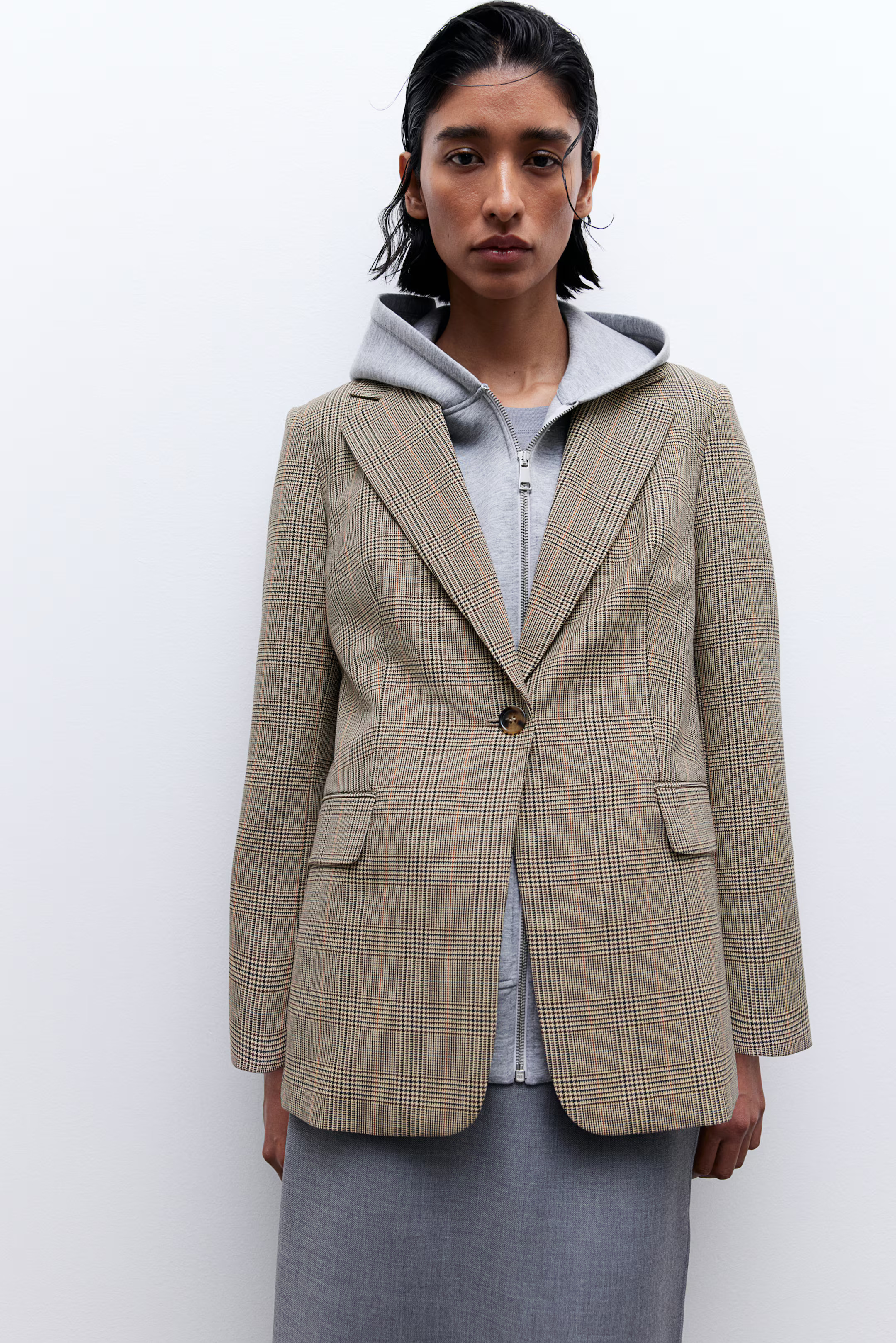 Single Breasted Blazer - Beige/Check - Ladies | H&M AU | H&M (AU)