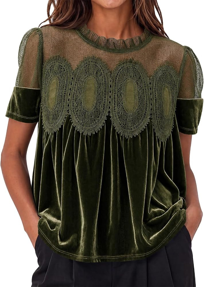 Cicy Bell Womens Velvet Lace Tops Babydoll Puff Short Sleeve Peplum Blouse | Amazon (US)