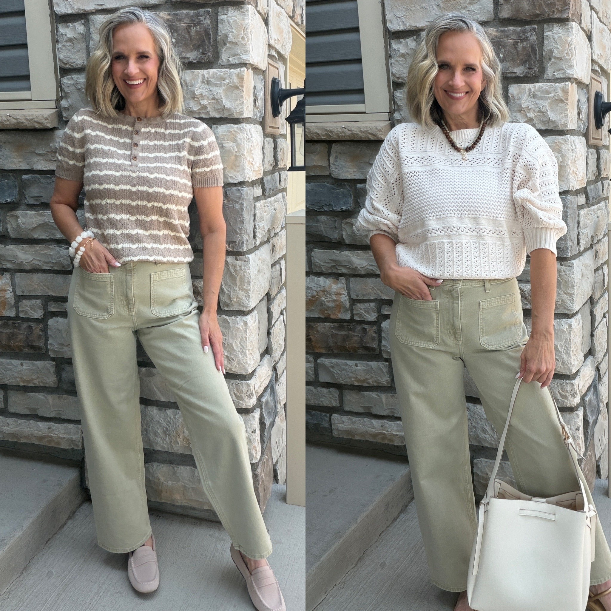 Early fall inspo from Target
The sailor pants are as good as ever and in a fabulous color!
Sizes up in the open weave dolman sweater!

Over 50, midlife style, early fall, transitional style, sailor pants, midlife, Baublebar, crocs