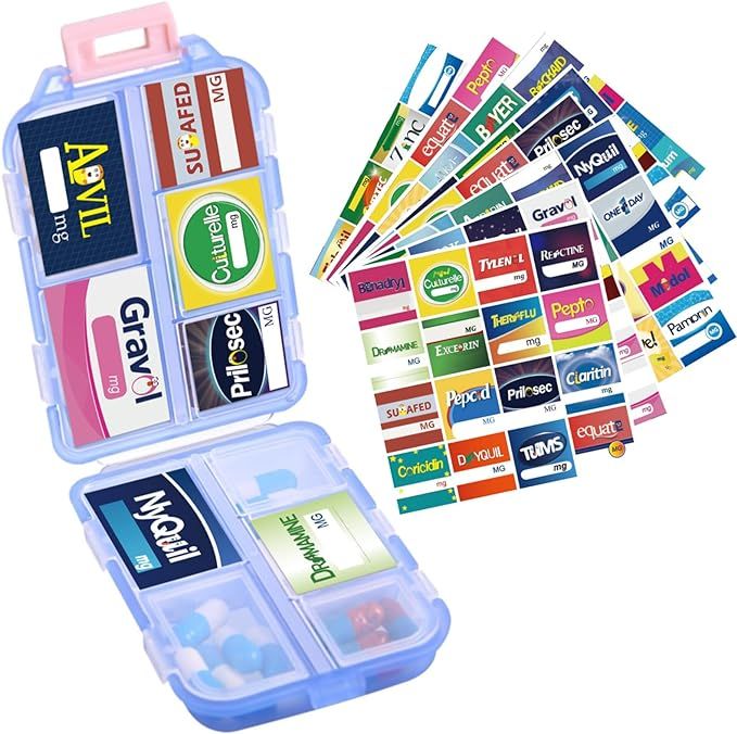1Pack Travel Pill Organizer & 156 Medicine Name Stickers - 10 Compartments Pill Case, Compact and... | Amazon (US)