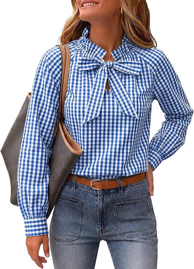 Cicy Bell Womens Striped Bow Tie Blouse Puff Long Sleeve Ruffle Cotton Tops | Amazon (US)