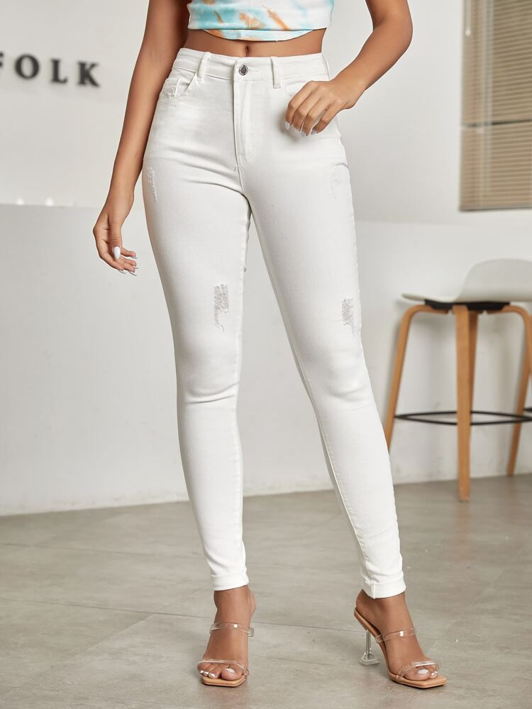 High Waist Ripped Detail Skinny Jeans | SHEIN