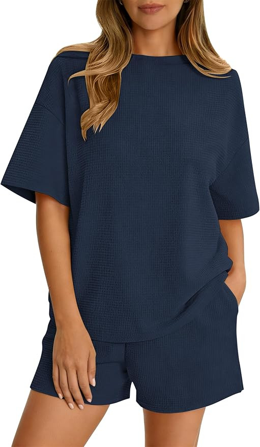 MISSACTIVER Waffle Knit 2 Piece Lounge Set Women Short Sleeve Shirts Shorts Sets Loose Fit Casual... | Amazon (US)