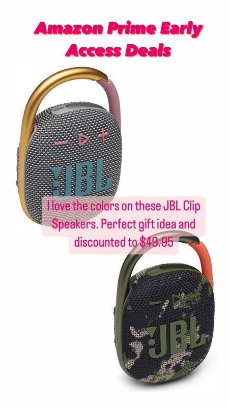 JBL Clip speakers discounted to $49.95 for the Amazon Prime Early Access Sale - Amazon early access sale - Amazon Sale - Bluetooth speakers - wireless speakers - gift idea - Amazon deal - Amazon deals - Amazon Finds 

#LTKsalealert #LTKunder50 #LTKGiftGuide