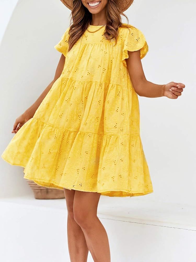 Amegoya Women's Casual Cotton Embroidery Dress Babydoll A-line Mini Dress with Belt | Amazon (US)