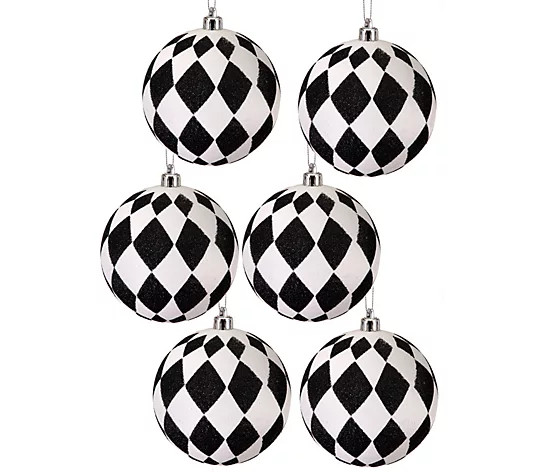 4" Glitter Harlequin Ball Ornament Box of 6 byValerie | QVC