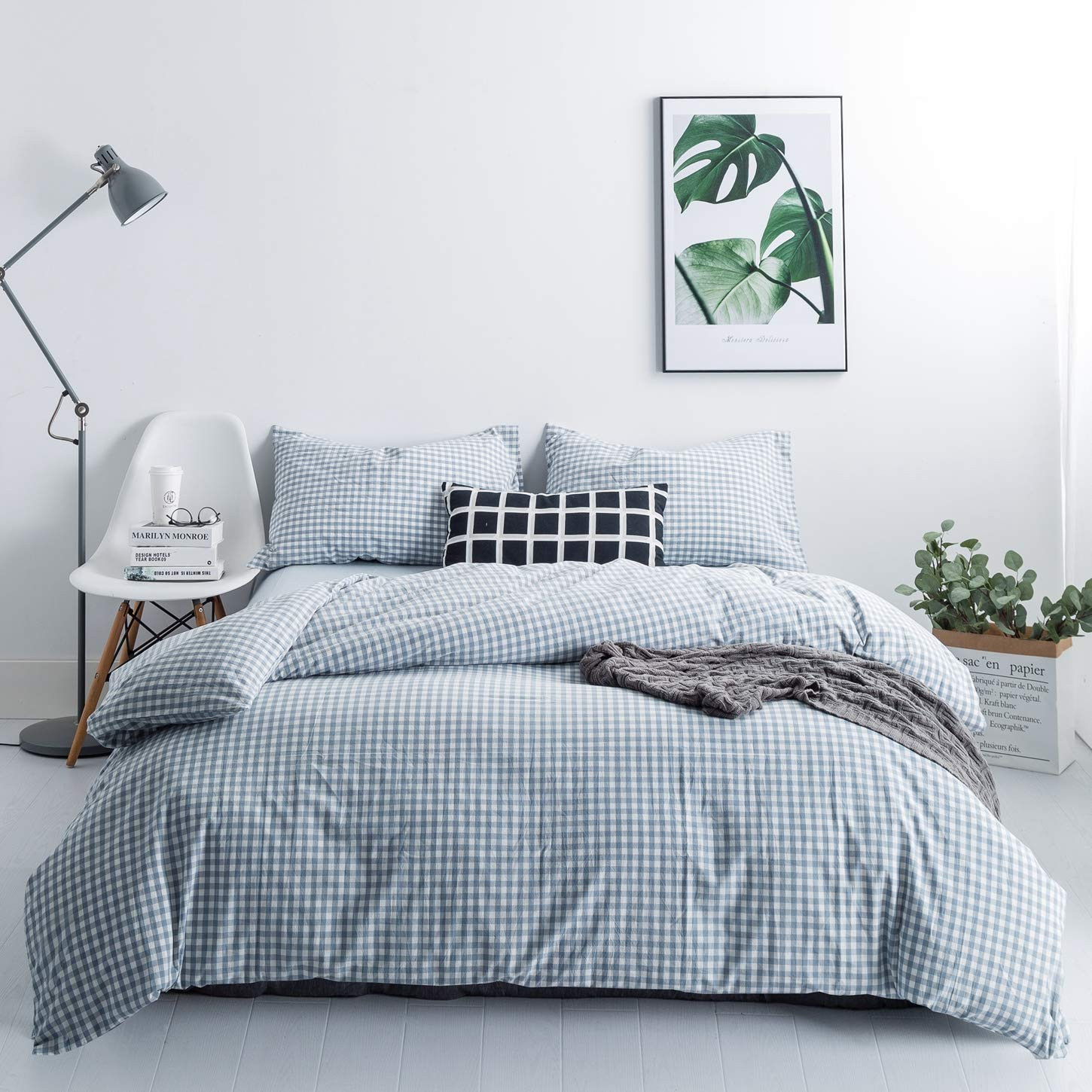 SUSYBAO Gingham Duvet Cover King 100% Washed Cotton Light Blue Plaid Duvet Cover 3 Pieces Set 1 B... | Amazon (US)