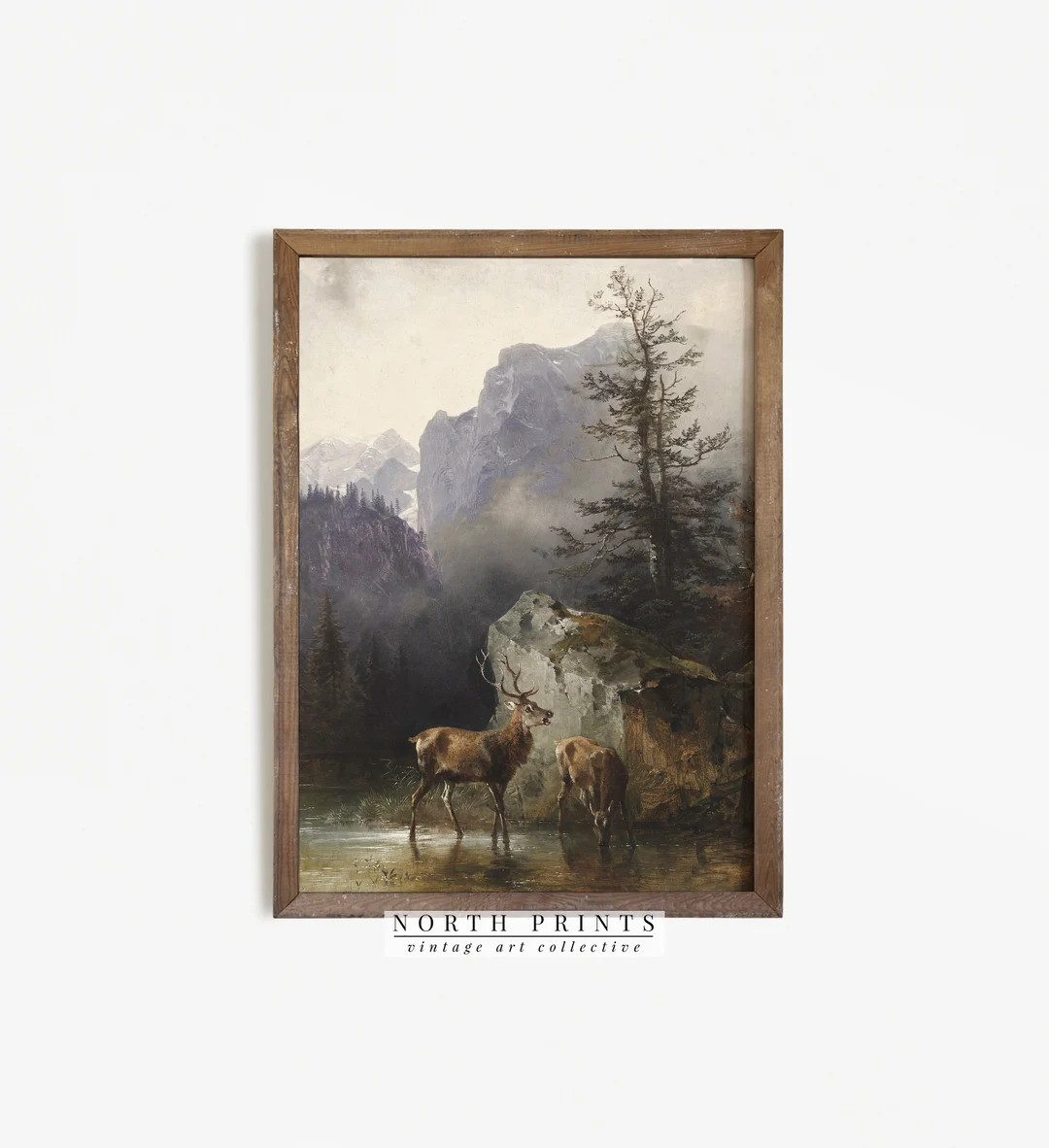 Rustic Deer Painting Vintage Print Landscape Painting - Etsy | Etsy (US)