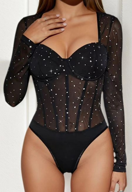 Starlit Sequins Long Sleeve Mesh Bodysuit in Black for Honeymoons & Cocktail Hours | Chicwish