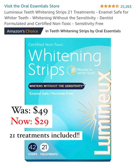 Whitening strips from Amazon on sale for under $30 for 21 treatments!

#LTKunder50 #LTKsalealert #LTKbeauty