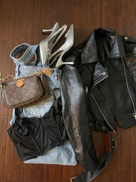 Dinner outfit idea 
Faux leather moto jacket: small
American Eagle baggy jeans: 4 short 
Silver bow sling back heels: 7 
Bustier corset top: small
Lv multi pochette 

#LTKstyletip #LTKSeasonal #LTKfindsunder100