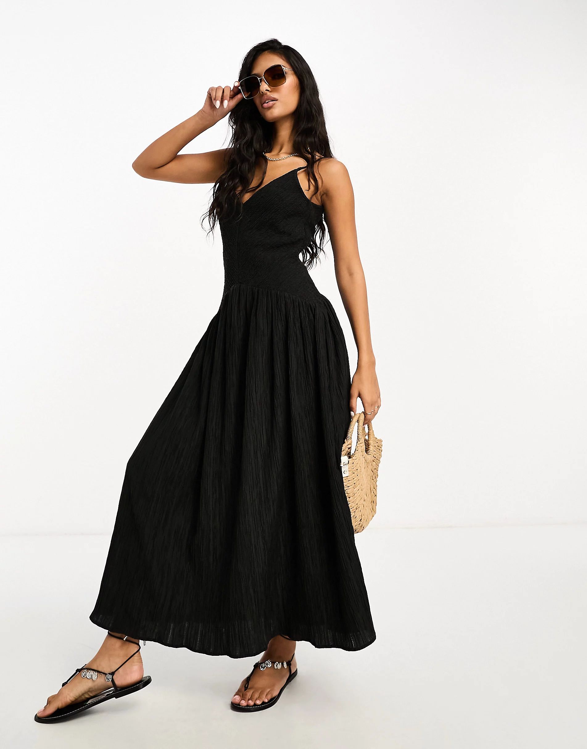 ASOS DESIGN full skirt midi crinkle sundress in black | ASOS (Global)