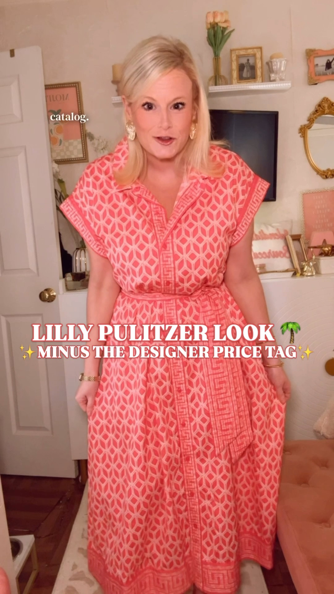 Lilly Pulitzer Look. Minus the Designer Price Tag. 🌴

The vibrant poppy pink. The geometric print with the Greek key border detail. The collared neckline. The self-tie belted waist. The midi that moves when you walk. This is the dress that makes people assume you paid designer.

It is 100% cotton. 

The collar. The removable belt. The structured midi length. The print that reads like it came straight out of a Lilly catalog. 

All of it present and accounted for at a price point that makes complete sense for a woman who loves beautiful things and also loves being financially smart.

I am in a medium. Runs true to size. A few other prints available and they will not last.

If you have been searching for a Lilly Pulitzer dupe, a preppy Easter dress, a Palm Beach wedding guest dress, a spring midi dress, a cotton belted dress, a country club brunch dress — this is the one.

Easter Sunday. Spring wedding. Bridal shower. Garden party. Resort dinner. Country club Saturday.

Lilly Pulitzer look for less, Lilly Pulitzer dupe, Lilly Pulitzer inspired dress, Lilly Pulitzer midi dress dupe, Lilly Pulitzer style dress, pink midi dress women, belted midi dress women, collared midi dress, cotton midi dress women, printed midi dress women, geometric print dress, border print dress, preppy midi dress, preppy spring dress, preppy dress women, preppy style, Palm Beach style dress, Palm Beach outfit women, resort dress women, resort wear women, spring dress women, spring dresses, spring dresses 2026, spring outfits, easter dress women, easter outfit women, spring wedding guest dress, wedding guest dress, garden party dress women, bridal shower dress, country club dress women, southern preppy dress, Belk fashion finds, Belk doorbuster, affordable preppy dress, designer look for less, affordable spring dress, spring event dress, feminine midi dress

#LTKFindsUnder50 #PreppyStyle  #SpringOutfit #LillyPulitzer #LookForLess #EasterDress #SpringDress

#LTKWorkwear #LTKWedding