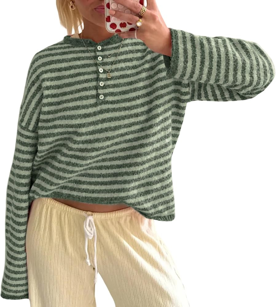 Watashi Women Striped Henley Sweater Long Sleeve Knit Top | Amazon (US)