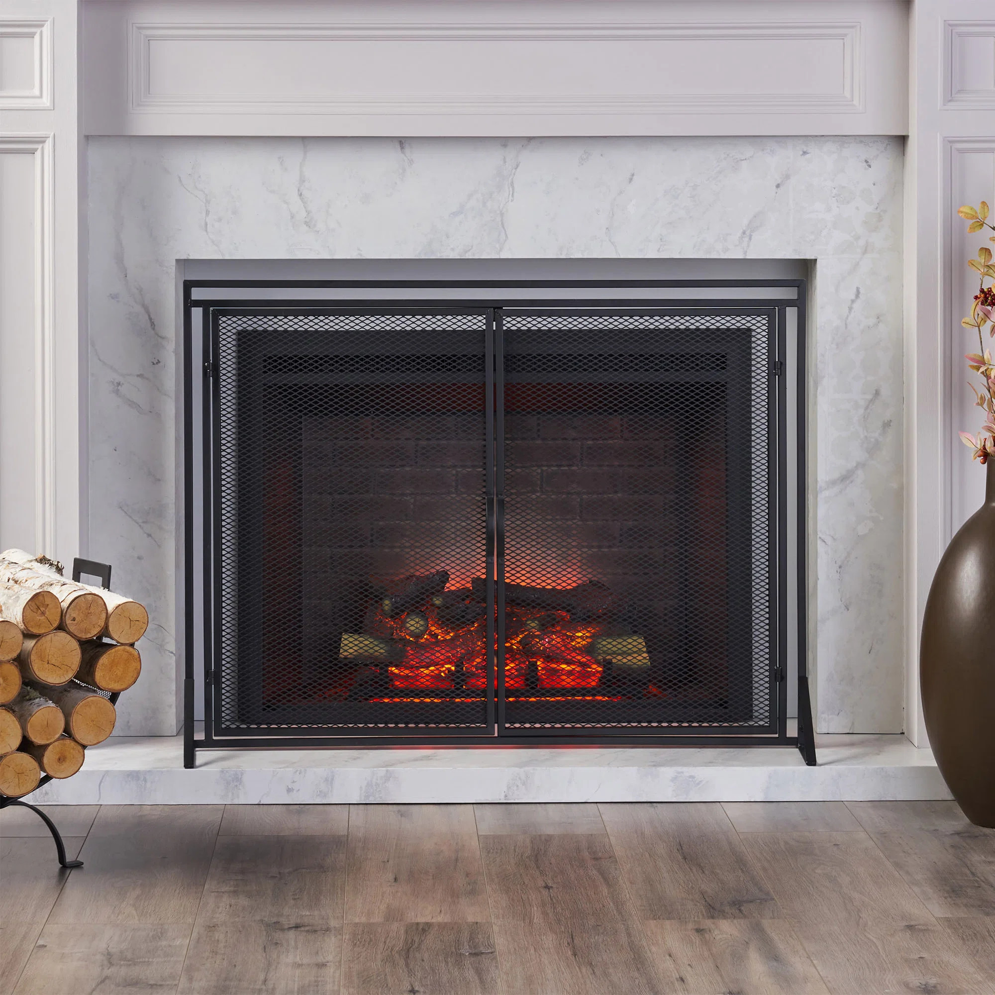 Ryebrook Single Panel Fireplace Screen Stand Alone, Rectangular Frame Steel Mesh Fireplace Cover | Wayfair North America