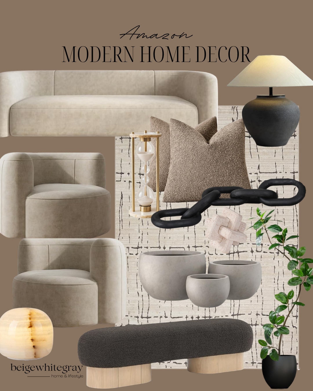 Amazon Modern Home Decor, amazon home decor, modern home decor, amazon finds, curved sofa, accent chair, boucle chair, upholstered bench, black table lamp, neutral throw pillows, decorative chain decor, decorative knot, textured rug, concrete planters, indoor planter, modern living room decor, neutral living room, luxury home decor, contemporary decor, coffee table styling, designer inspired decor

#LTKHome