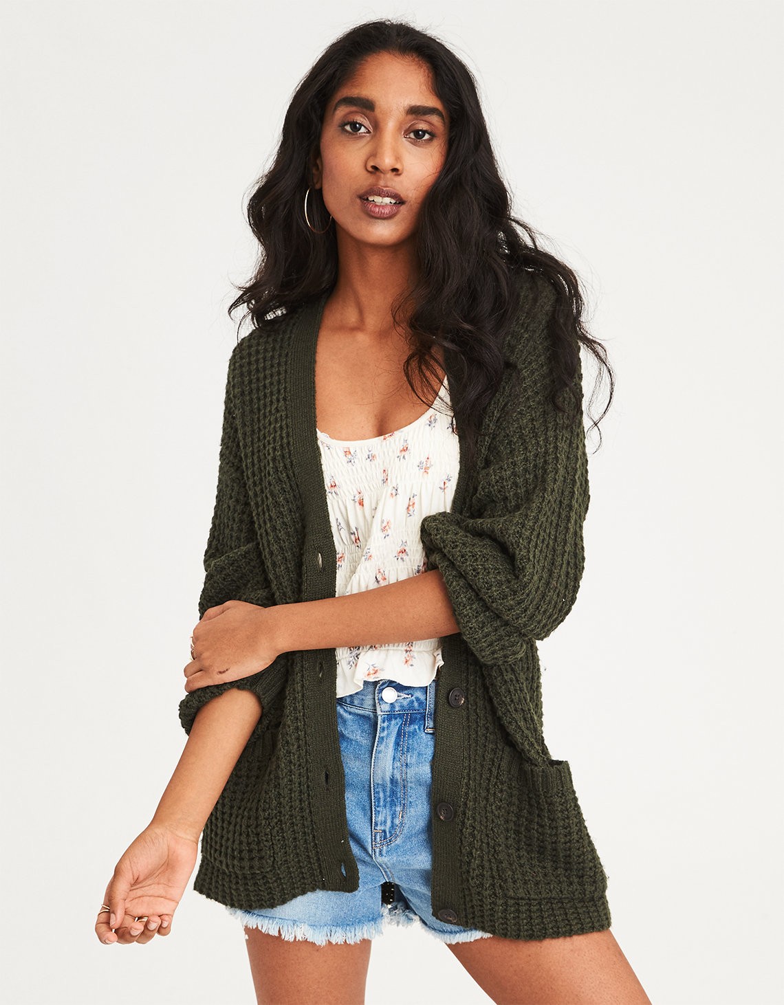 AE Slouchy Waffle Cardigan Sweater, Olive | American Eagle Outfitters (US & CA)