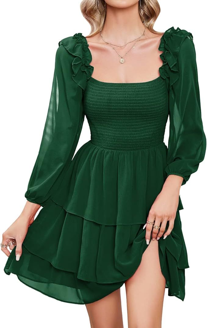 Byinns Women's Smocked Ruffle Mini Dress Square Neck Long Puff Sleeve Casual Dress Cute Cottageco... | Amazon (US)