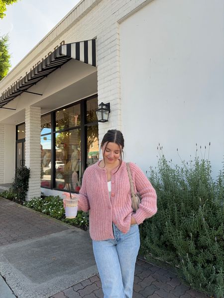 a day in OC ✨ pink cardigan sezane, white long sleeve, light wash jeans, polene número dix taupe purse, ootd, outfit inspiration, winter outfit, spring outfit