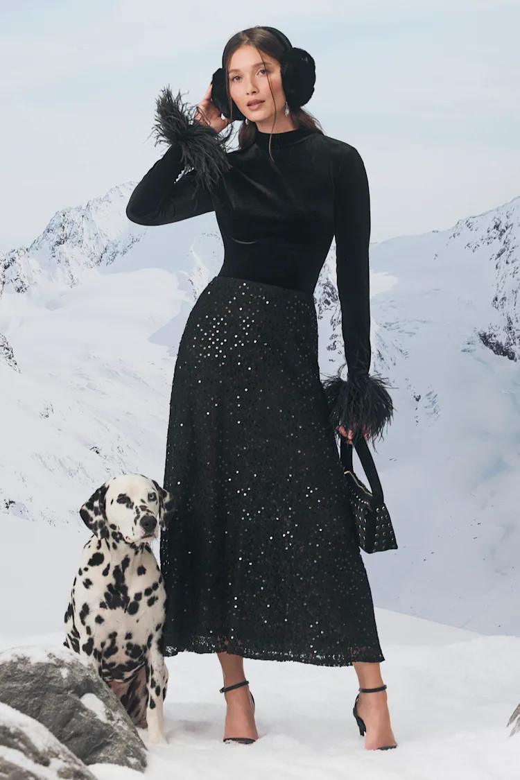 Isabelle Black Lace Sequin High-Rise Maxi Skirt | Lulus