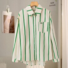 Women Green Striped Casual Drop Shoulder Loose Patchwork Pocket Shirt | SHEIN