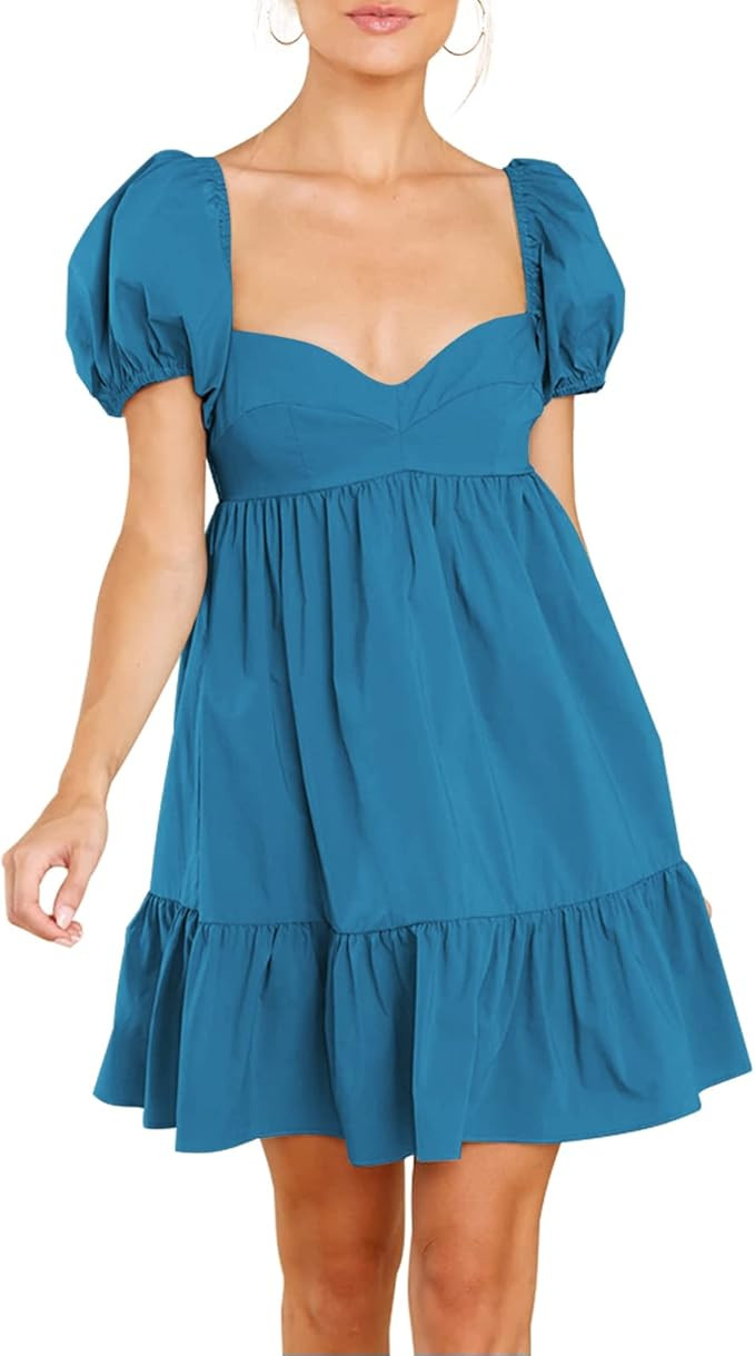 BELONGSCI Women's Summer Cute Dress Sweetheart Neckline Puff Sleeve Ruffle A-Line Casual Loose Fl... | Amazon (US)