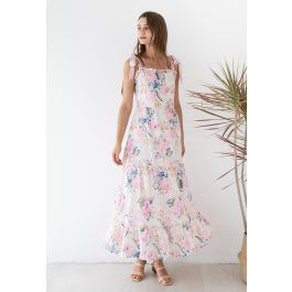 Pink Floral Embroidered Eyelet Tie-Strap Maxi Dress | Chicwish