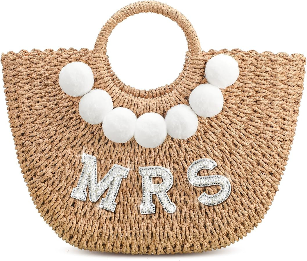 Pinkunn Bride Beach Bag Handwoven Straw Rhinestone Pearl Letters Handle Purse Bachelorette Weddin... | Amazon (US)