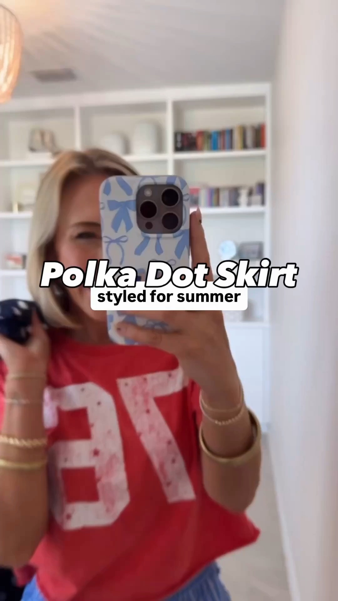 One polka skirt - styled 8 ways: • Midi skirt - size XS. Not lined but not see through. Elastic waistband and pockets! 1. White tank w/ built in bra - size XS. 2. Denim vest - size Small. 3. Crochet top - size Small. 4. Blue top - size Small. 5. Striped top - size XS. 6. White Button Down - size Small. 7. Yellow vest - size Small. 8. Navy top - size small.

#LTKootd #LTKSeasonal #LTKOver40