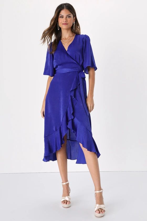 Wrapped in Love Cobalt Blue Satin Faux-Wrap Midi Dress | Lulus (US)