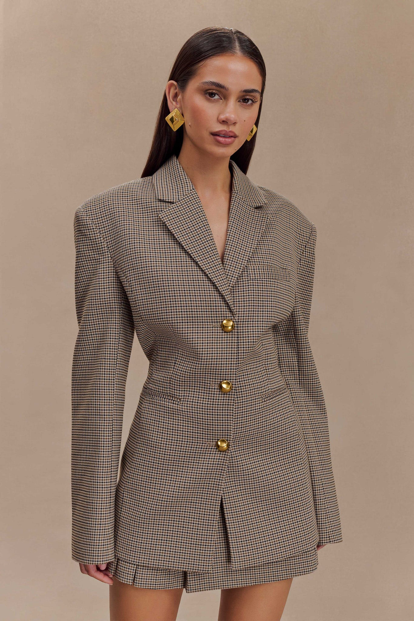 Mila Shaped Blazer - Tan Check | Meshki (APAC)