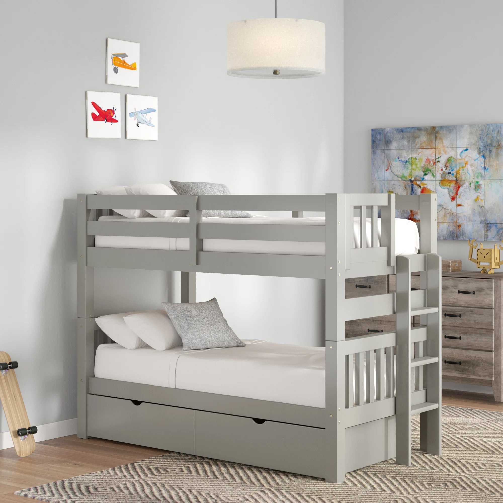 Treva Solid Wood Standard Twin over Twin Bunk Beds with Ladder and 2 Under Bed Drawers | Wayfair North America