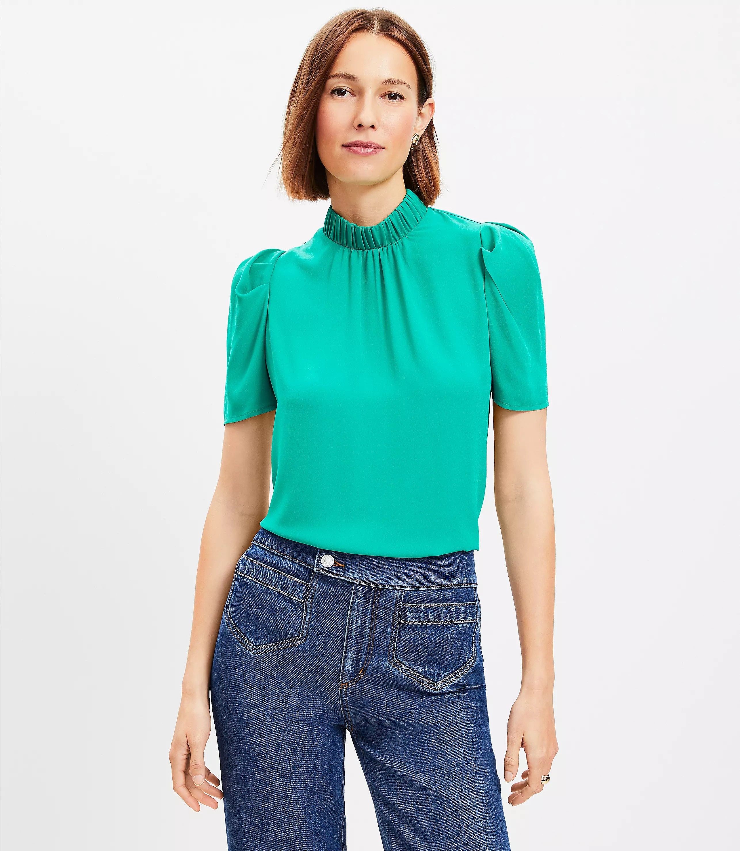 Mock Neck Puff Sleeve Mixed Media Top | LOFT