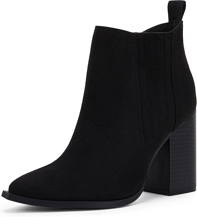Womens Pointed Toe Slip on Ankle Booties Stacked Mid Block Heel Shoes Faux Leather Boots | Amazon (US)