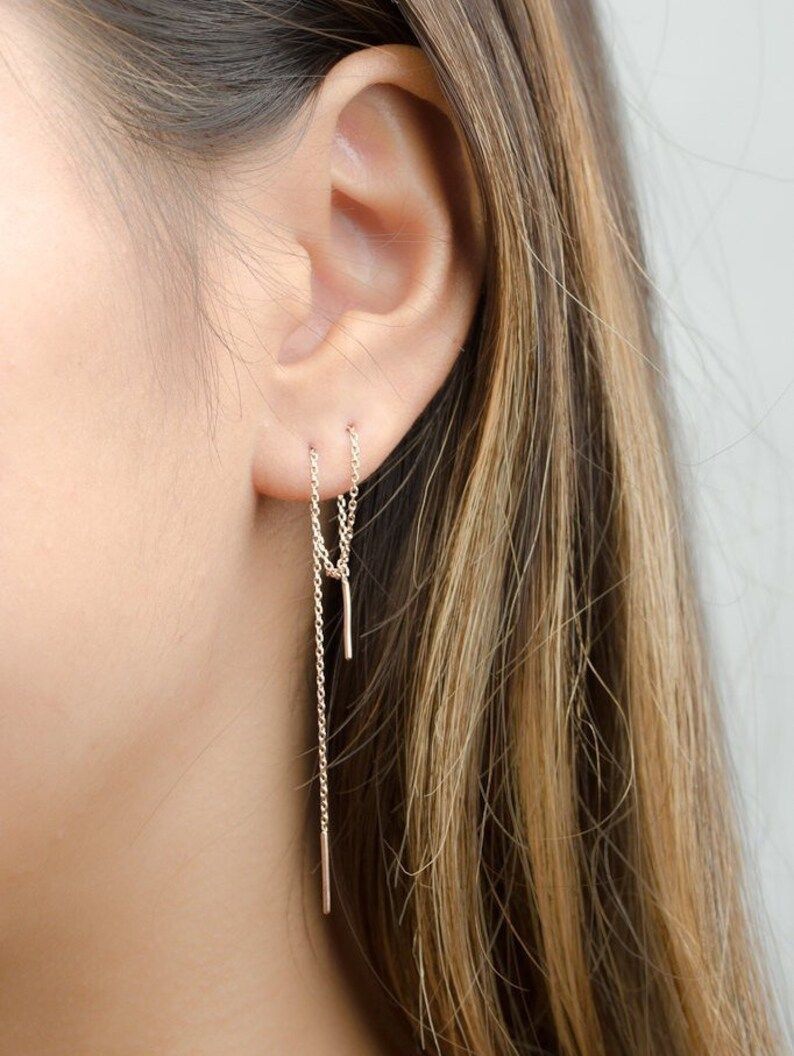 Long Threader Earrings - Delicate Chain Earrings - Edgy Earrings - Pull Through Earrings - Bar Ea... | Etsy (US)