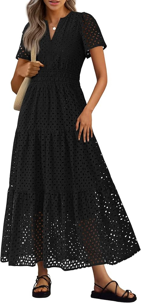PRETTYGARDEN Womens 2026 Summer Maxi Dress Short Sleeve V Neck Hollow Out Eyelet A Line Long Flow... | Amazon (US)
