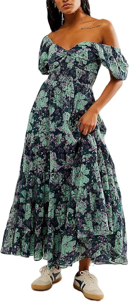Women Casual Summer Dress Short Sleeve Floral Printing Bohemian Dress Loose Boho Dress Maxi Dress... | Amazon (US)