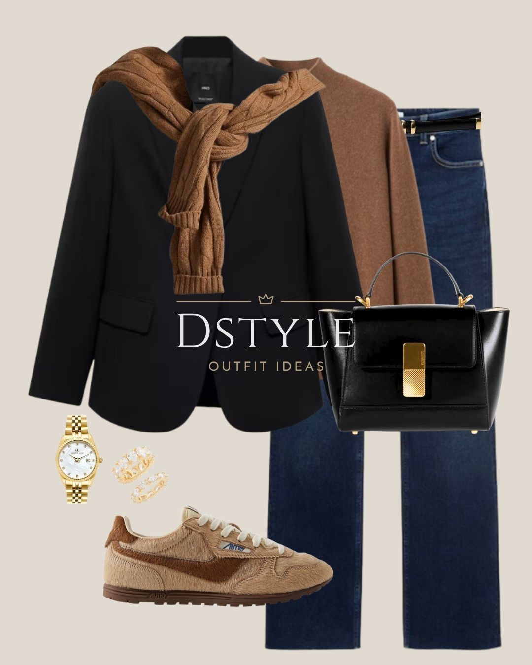 Transitional Smart Casual: Mastering the Blazer & Knit Layer 🤎 This is my favorite formula for looking polished while staying comfortable! A classic black blazer paired with dark wash jeans, elevated with a camel knit sweater draped over the shoulders for a chic, preppy feel. Finished with those unique furry camel sneakers and a sleek black top-handle bag. Perfect for casual Friday or weekend brunch! 

 #smartcasual #blackblazer #camelknit #layeredlook #transitionalstyle #darkwashjeans #preppystyle #outfitinspo #LTKootd #LTKWorkwear