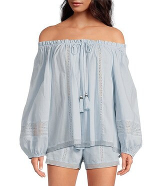 A Loves A Woven Lace Adjustable Tassel Off the Shoulder Neck Long Balloon Sleeve Coordinating Blo... | Dillard's