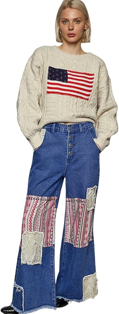 Pol American Flag Cable Knit Sweater, Cream Cotton Long Sleeve, Oversized Fit, Patriotic Design | Amazon (US)