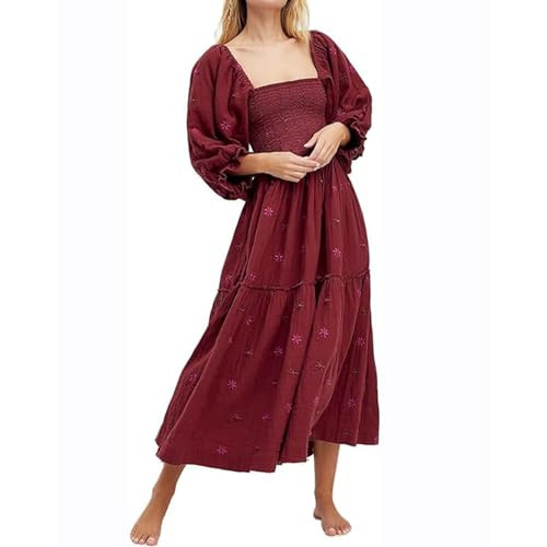 ABYOVRT Women Floral Embroidered Maxi Dress Long Puff Sleeve Square Neck Bohemian Flowy Dress with Pockets Summer Fall | Amazon (US)